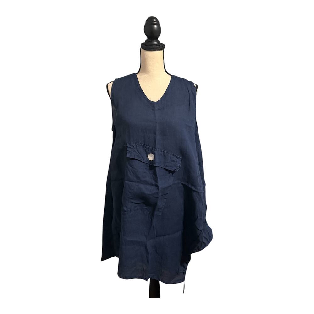 Camille & Co Womens Navy 100% Linen Asymmetrical Tunic Top Sz S Lagenlook Luxury